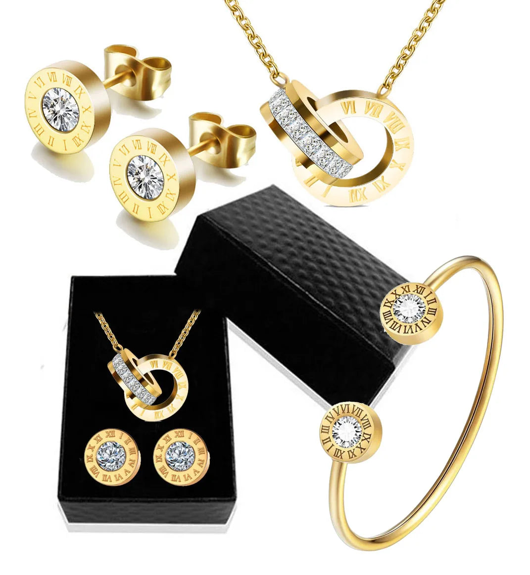 Luxury Roman Numeral Necklace Earring Bracelet For Women Party 316L Stainless Steel Jewelry Set Gift Box Streetsharks