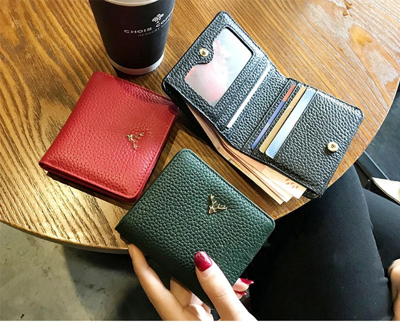 Cowhide Women's Purses Short Thin Small Wallet Chic Christmas Deer Button Ladies Genuine Leather Card Holder Wallet Coin Purse luxecrown.co.uk