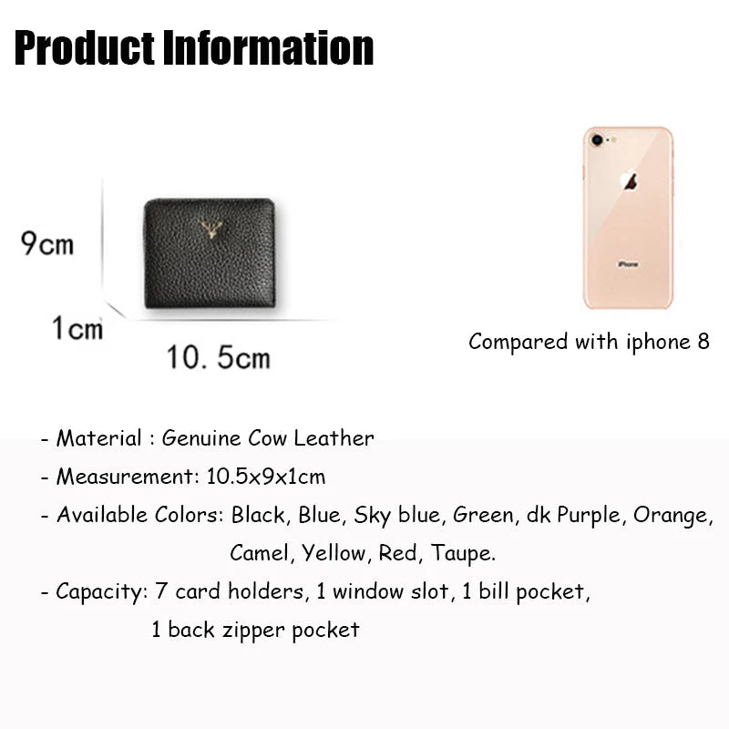 Cowhide Women's Purses Short Thin Small Wallet Chic Christmas Deer Button Ladies Genuine Leather Card Holder Wallet Coin Purse luxecrown.co.uk