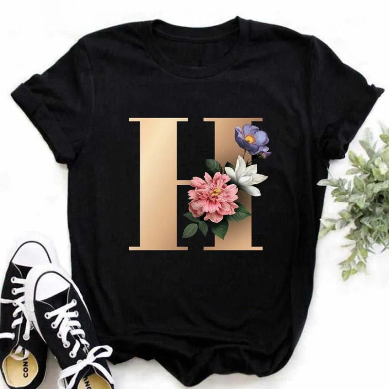 A B C D E English Alphabet Print T Shirt Women New Summer Couples Lovers Female T-Shirt Harajuku Casual Black Tops Tshirts luxecrown.co.uk