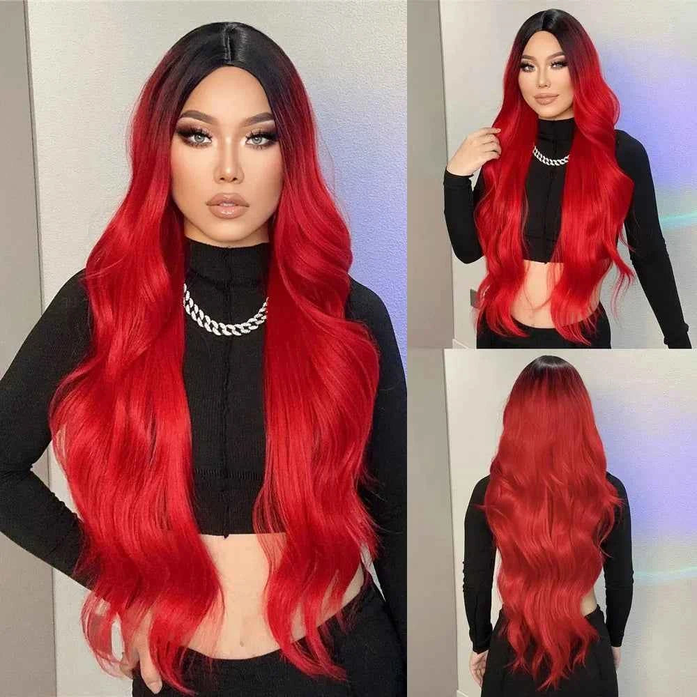 Ombre Natural Brown Synthetic Wig Women Long Wavy Curly Wig Middle Part Heat Resistant High Quality False Hair Daily Use Parties