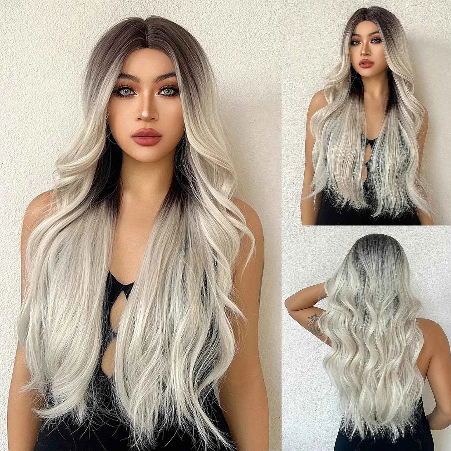 Ombre Natural Brown Synthetic Wig Women Long Wavy Curly Wig Middle Part Heat Resistant High Quality False Hair Daily Use Parties