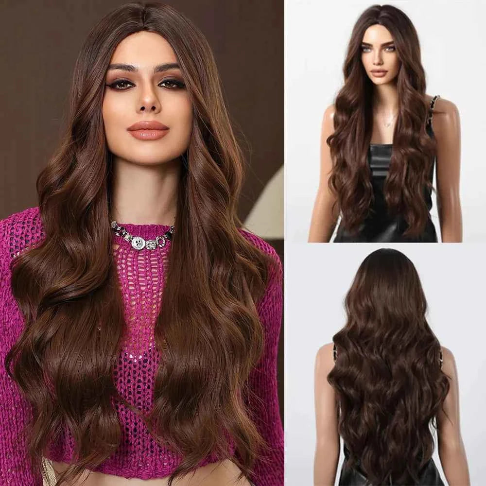 Ombre Natural Brown Synthetic Wig Women Long Wavy Curly Wig Middle Part Heat Resistant High Quality False Hair Daily Use Parties