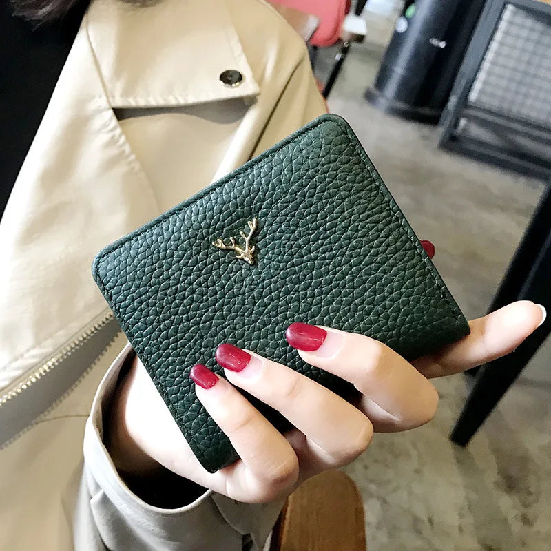 Cowhide Women's Purses Short Thin Small Wallet Chic Christmas Deer Button Ladies Genuine Leather Card Holder Wallet Coin Purse luxecrown.co.uk