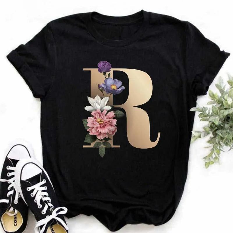 A B C D E English Alphabet Print T Shirt Women New Summer Couples Lovers Female T-Shirt Harajuku Casual Black Tops Tshirts luxecrown.co.uk