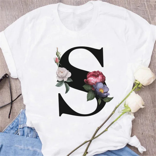 A B C D E English Alphabet Print T Shirt Women New Summer Couples Lovers Female T-Shirt Harajuku Casual Black Tops Tshirts luxecrown.co.uk