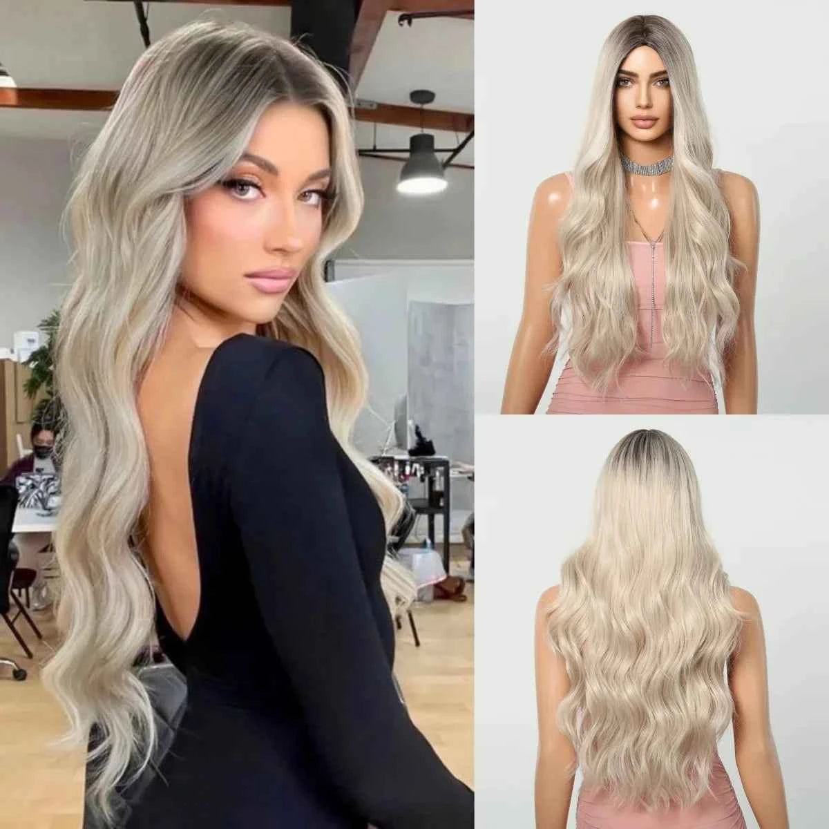 Ombre Natural Brown Synthetic Wig Women Long Wavy Curly Wig Middle Part Heat Resistant High Quality False Hair Daily Use Parties