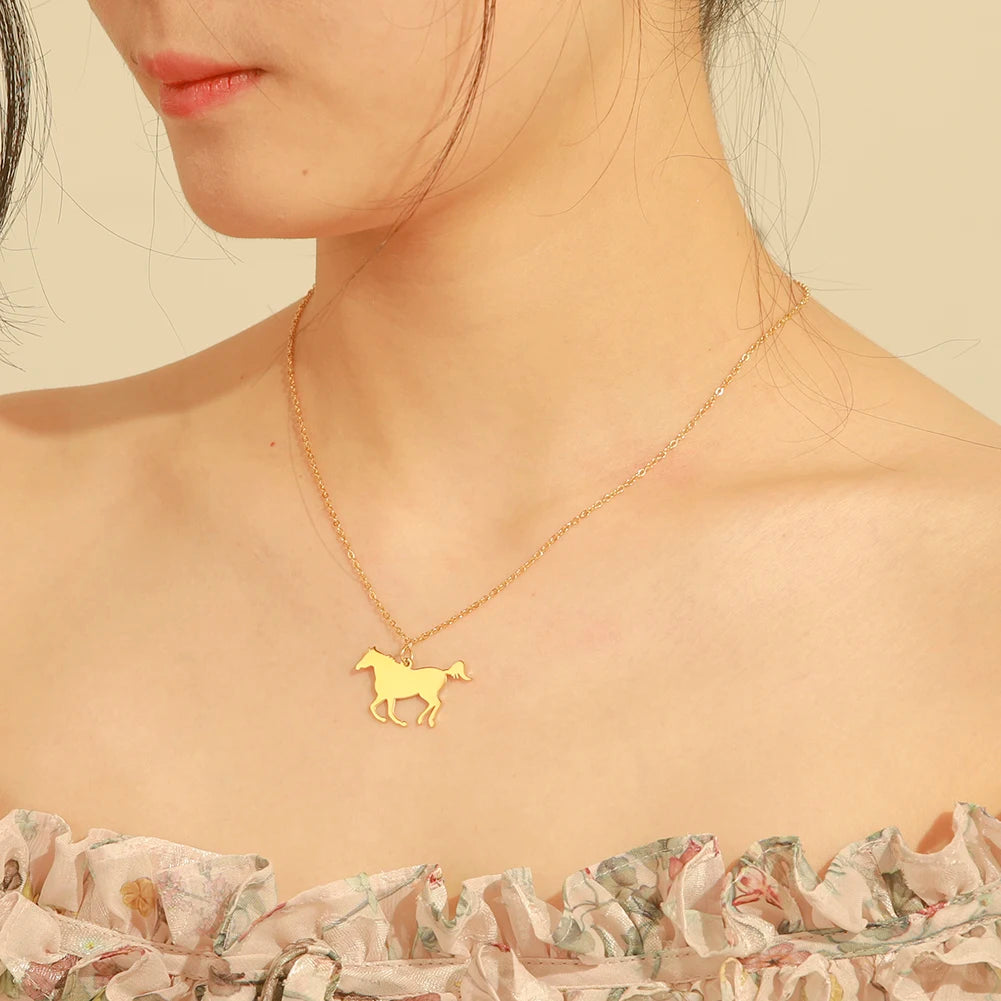 Skyrim Fashion Cute Animal Horse Pendant Necklace for Women Girls Stainless Steel Gold Color Chain Necklaces Gifts Wholesale Streetsharks