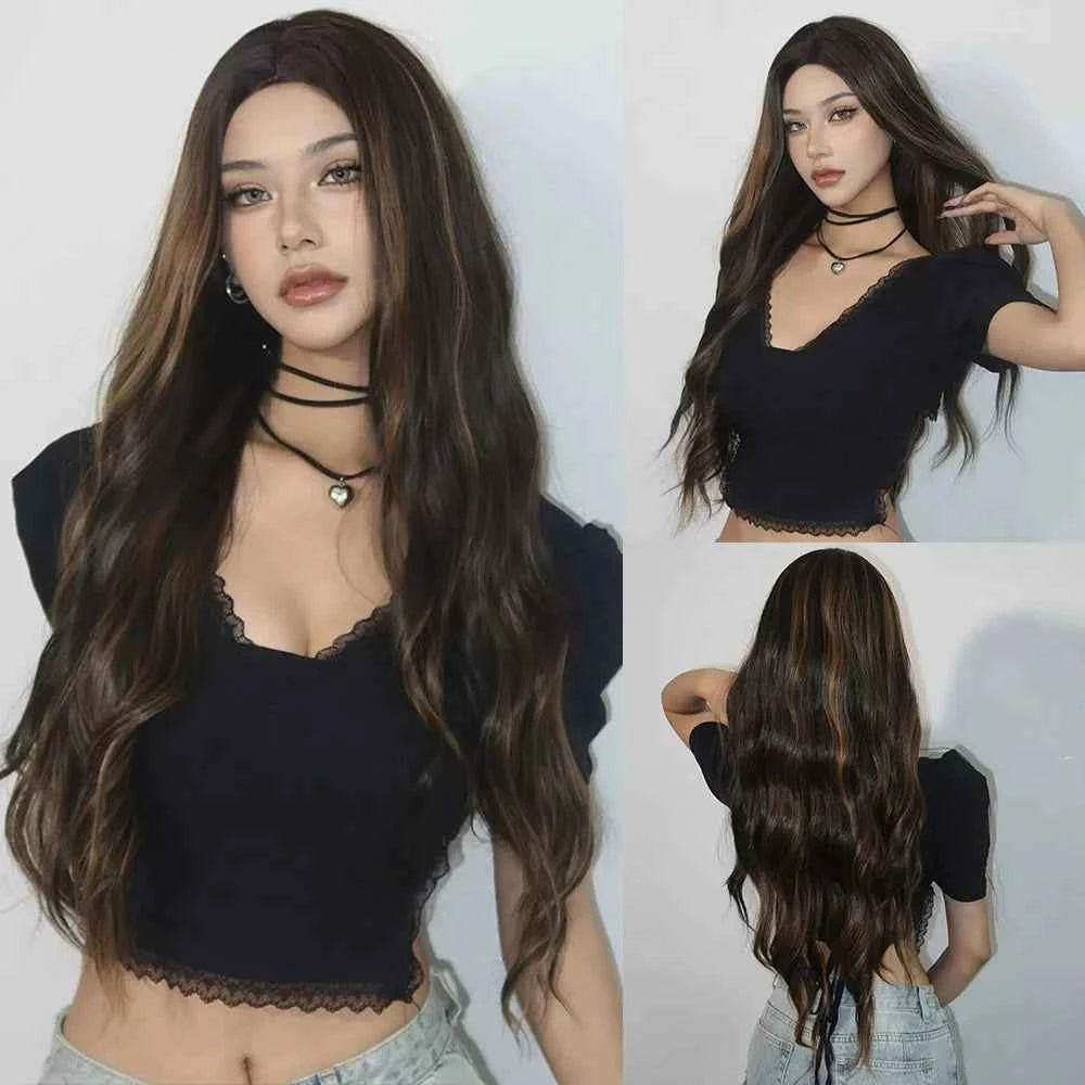 Ombre Natural Brown Synthetic Wig Women Long Wavy Curly Wig Middle Part Heat Resistant High Quality False Hair Daily Use Parties