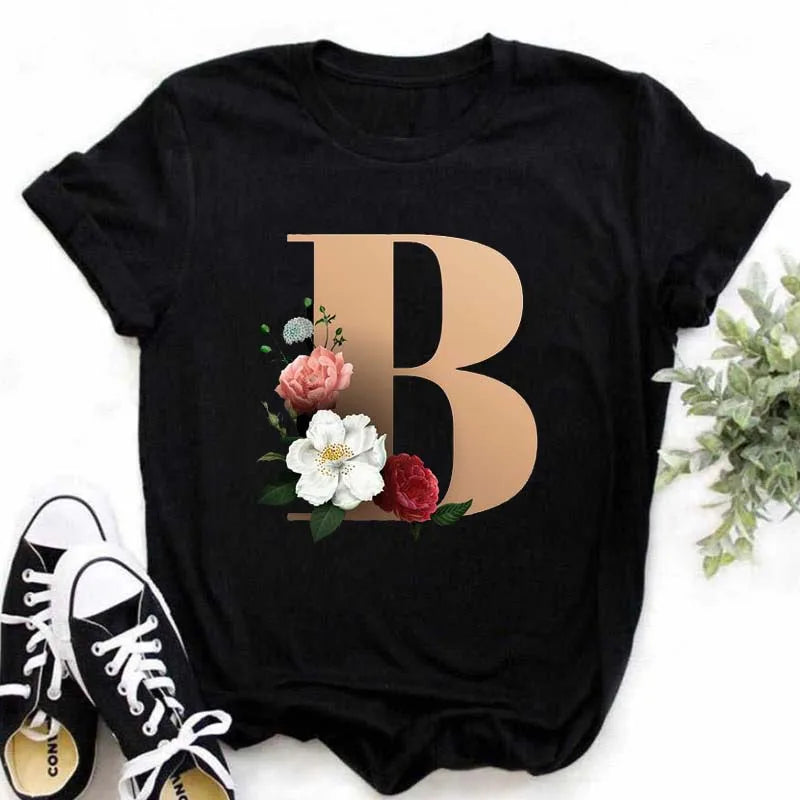 A B C D E English Alphabet Print T Shirt Women New Summer Couples Lovers Female T-Shirt Harajuku Casual Black Tops Tshirts luxecrown.co.uk
