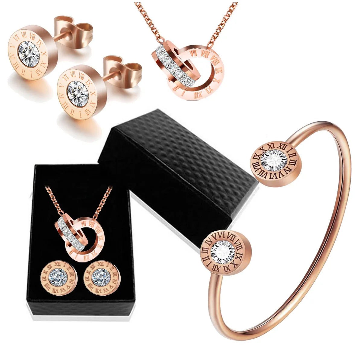 Luxury Roman Numeral Necklace Earring Bracelet For Women Party 316L Stainless Steel Jewelry Set Gift Box Streetsharks