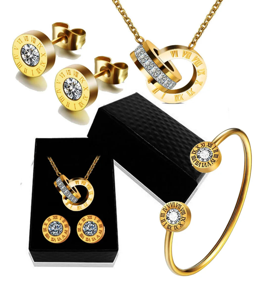 Luxury Roman Numeral Necklace Earring Bracelet For Women Party 316L Stainless Steel Jewelry Set Gift Box Streetsharks