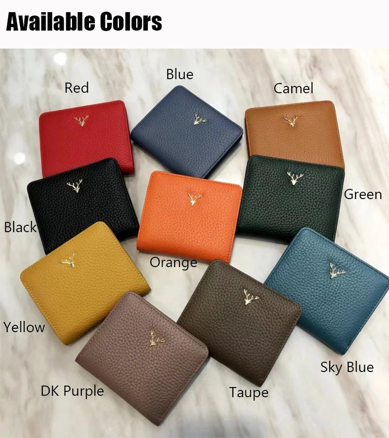 Cowhide Women's Purses Short Thin Small Wallet Chic Christmas Deer Button Ladies Genuine Leather Card Holder Wallet Coin Purse luxecrown.co.uk