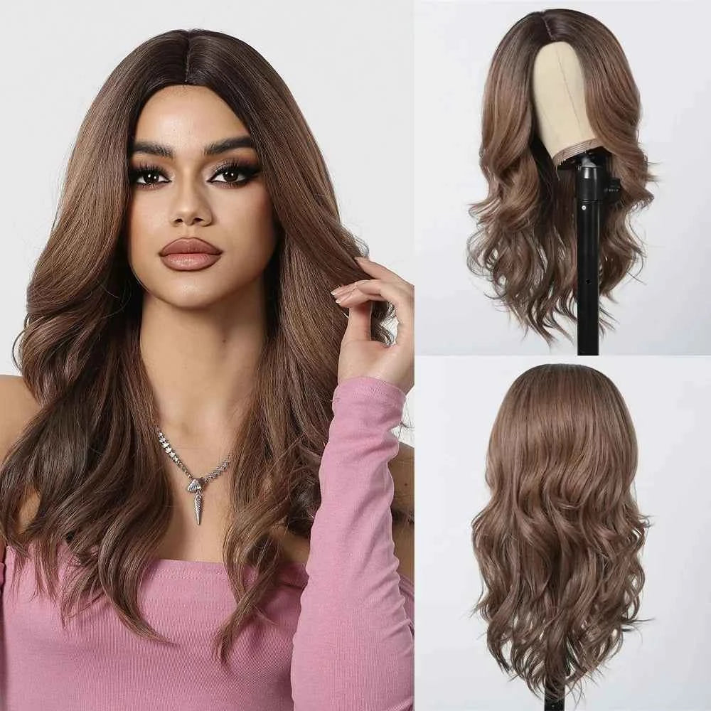 Ombre Natural Brown Synthetic Wig Women Long Wavy Curly Wig Middle Part Heat Resistant High Quality False Hair Daily Use Parties