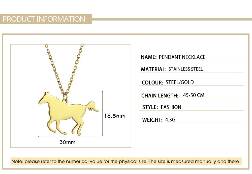 Skyrim Fashion Cute Animal Horse Pendant Necklace for Women Girls Stainless Steel Gold Color Chain Necklaces Gifts Wholesale Streetsharks