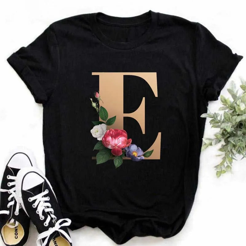 A B C D E English Alphabet Print T Shirt Women New Summer Couples Lovers Female T-Shirt Harajuku Casual Black Tops Tshirts luxecrown.co.uk