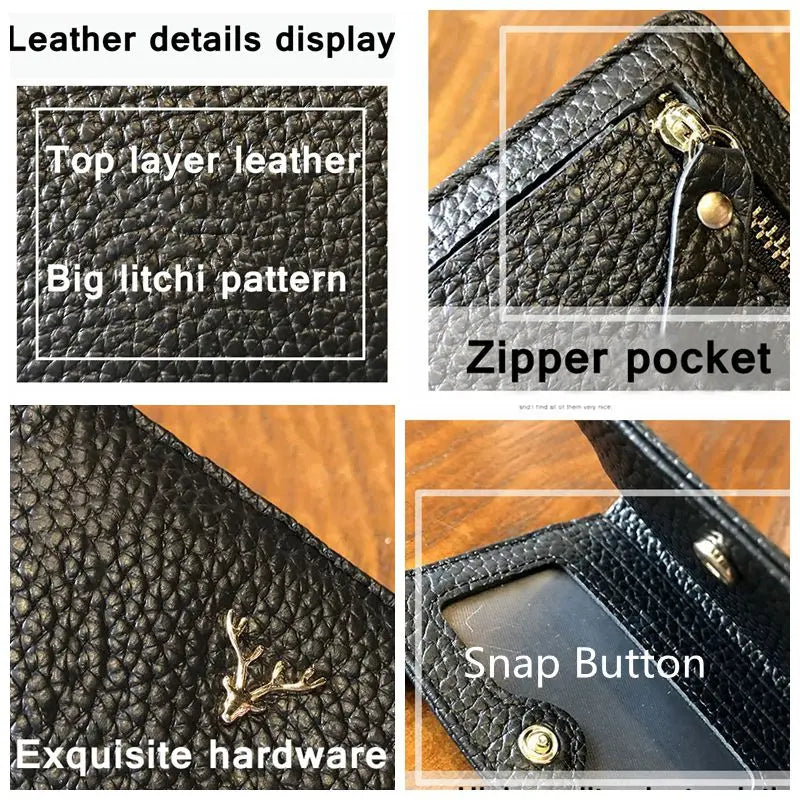 Cowhide Women's Purses Short Thin Small Wallet Chic Christmas Deer Button Ladies Genuine Leather Card Holder Wallet Coin Purse luxecrown.co.uk