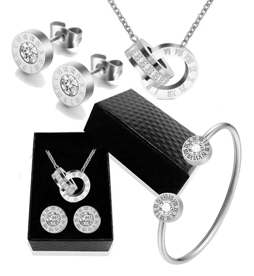 Luxury Roman Numeral Necklace Earring Bracelet For Women Party 316L Stainless Steel Jewelry Set Gift Box Streetsharks