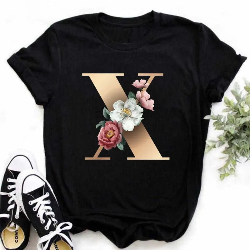 A B C D E English Alphabet Print T Shirt Women New Summer Couples Lovers Female T-Shirt Harajuku Casual Black Tops Tshirts luxecrown.co.uk