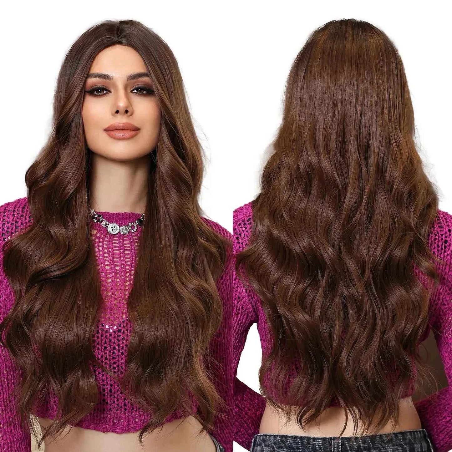 Ombre Natural Brown Synthetic Wig Women Long Wavy Curly Wig Middle Part Heat Resistant High Quality False Hair Daily Use Parties