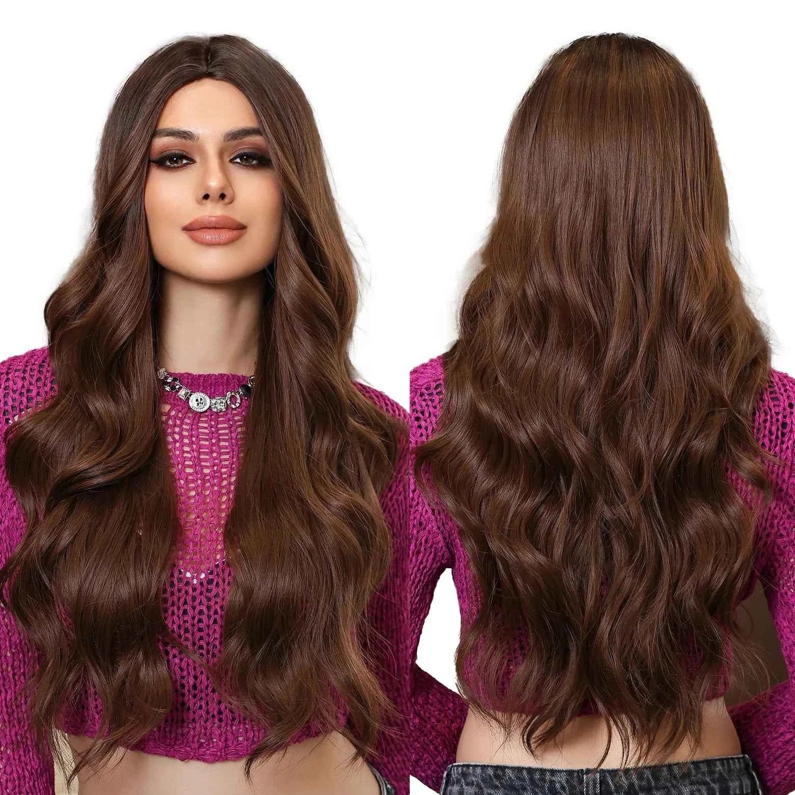 Ombre Natural Brown Synthetic Wig Women Long Wavy Curly Wig Middle Part Heat Resistant High Quality False Hair Daily Use Parties