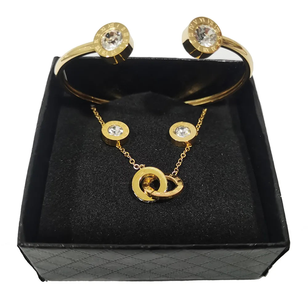 Luxury Roman Numeral Necklace Earring Bracelet For Women Party 316L Stainless Steel Jewelry Set Gift Box Streetsharks