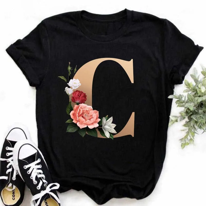 A B C D E English Alphabet Print T Shirt Women New Summer Couples Lovers Female T-Shirt Harajuku Casual Black Tops Tshirts luxecrown.co.uk