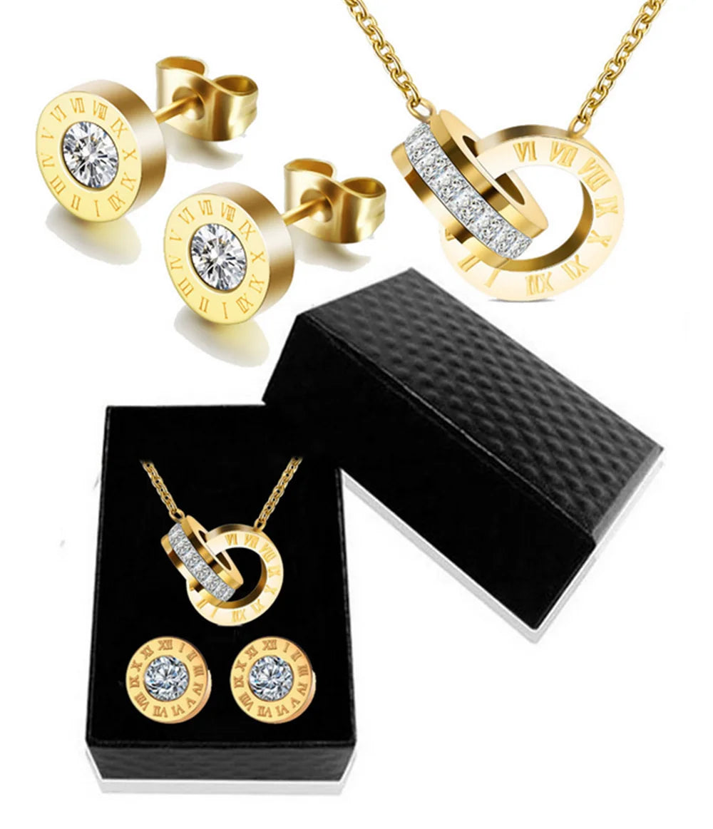 Luxury Roman Numeral Necklace Earring Bracelet For Women Party 316L Stainless Steel Jewelry Set Gift Box Streetsharks