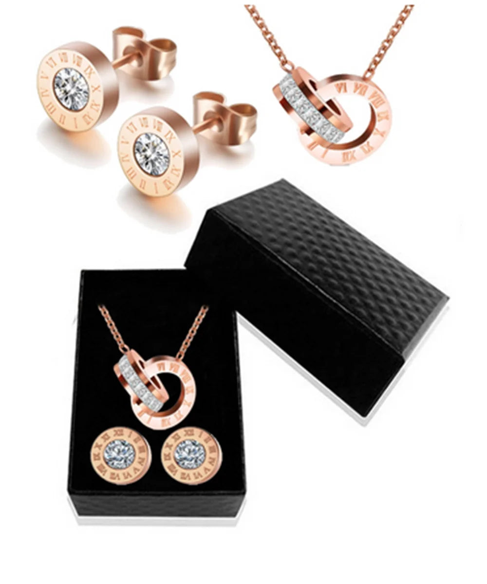 Luxury Roman Numeral Necklace Earring Bracelet For Women Party 316L Stainless Steel Jewelry Set Gift Box Streetsharks
