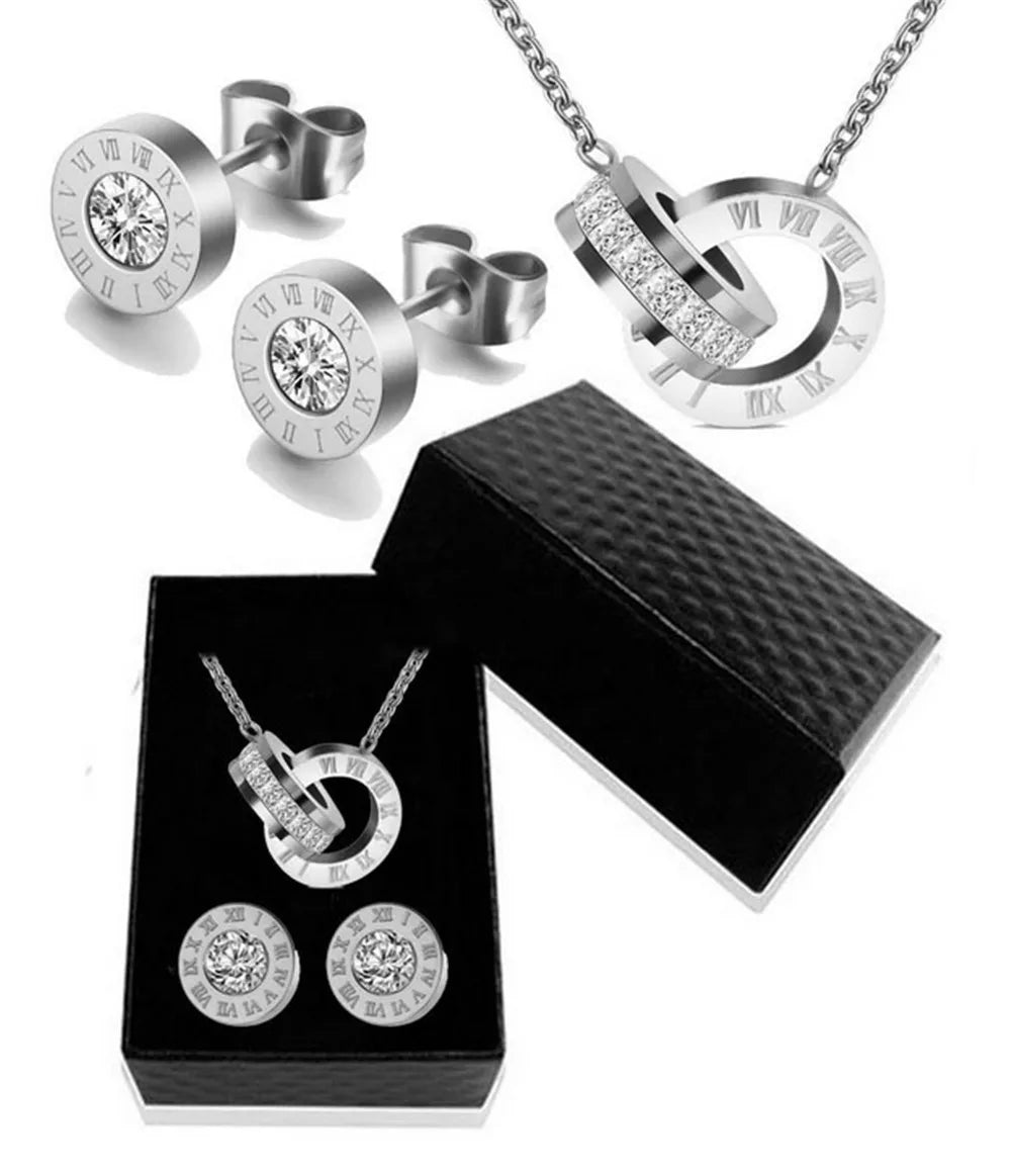Luxury Roman Numeral Necklace Earring Bracelet For Women Party 316L Stainless Steel Jewelry Set Gift Box Streetsharks