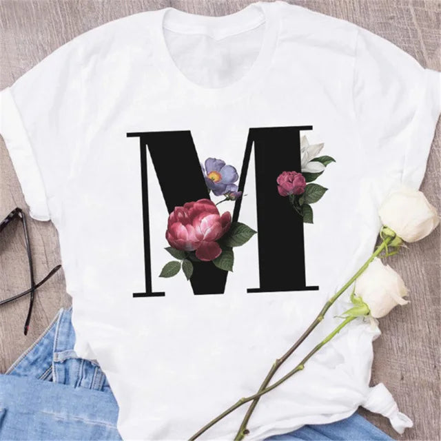 A B C D E English Alphabet Print T Shirt Women New Summer Couples Lovers Female T-Shirt Harajuku Casual Black Tops Tshirts luxecrown.co.uk