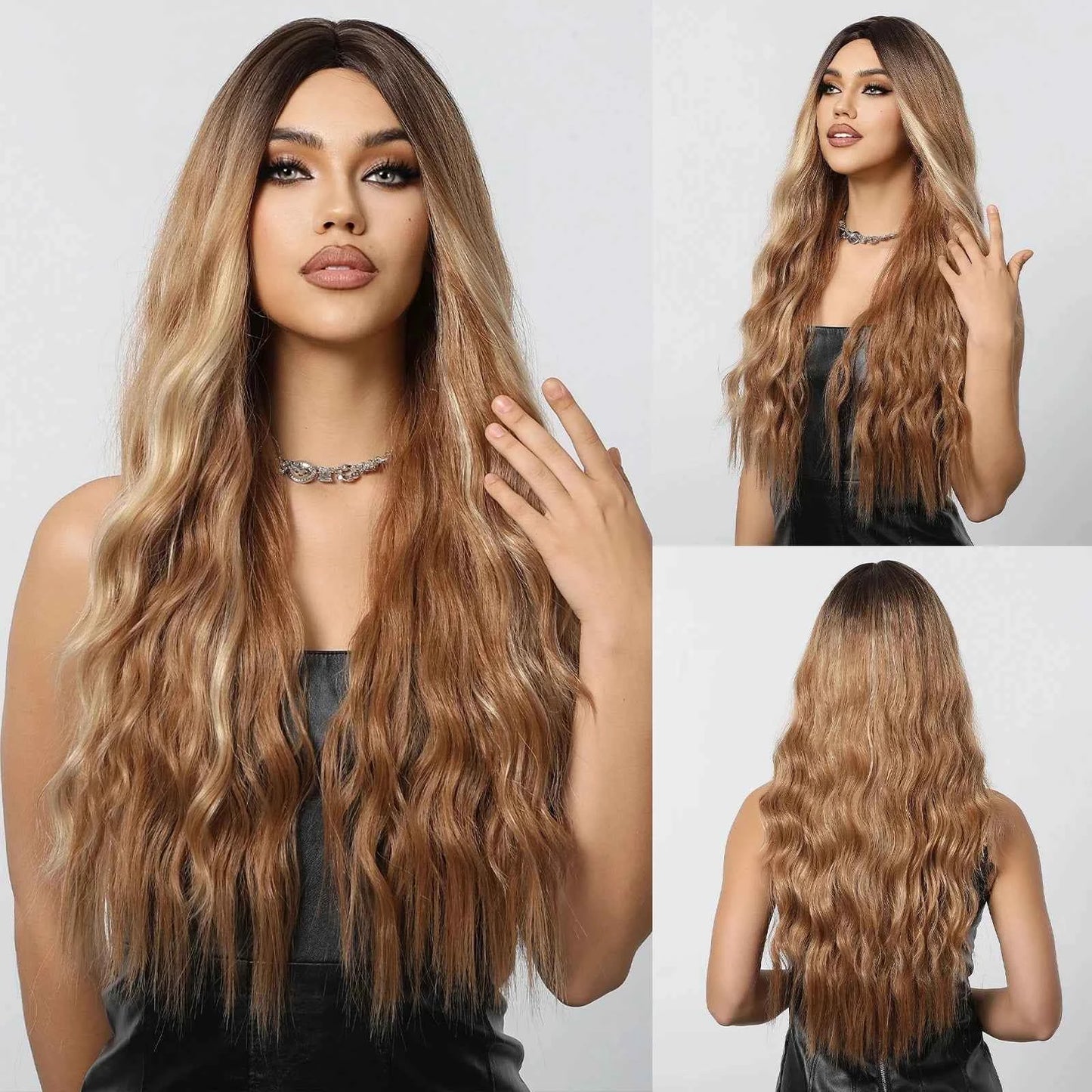 Ombre Natural Brown Synthetic Wig Women Long Wavy Curly Wig Middle Part Heat Resistant High Quality False Hair Daily Use Parties