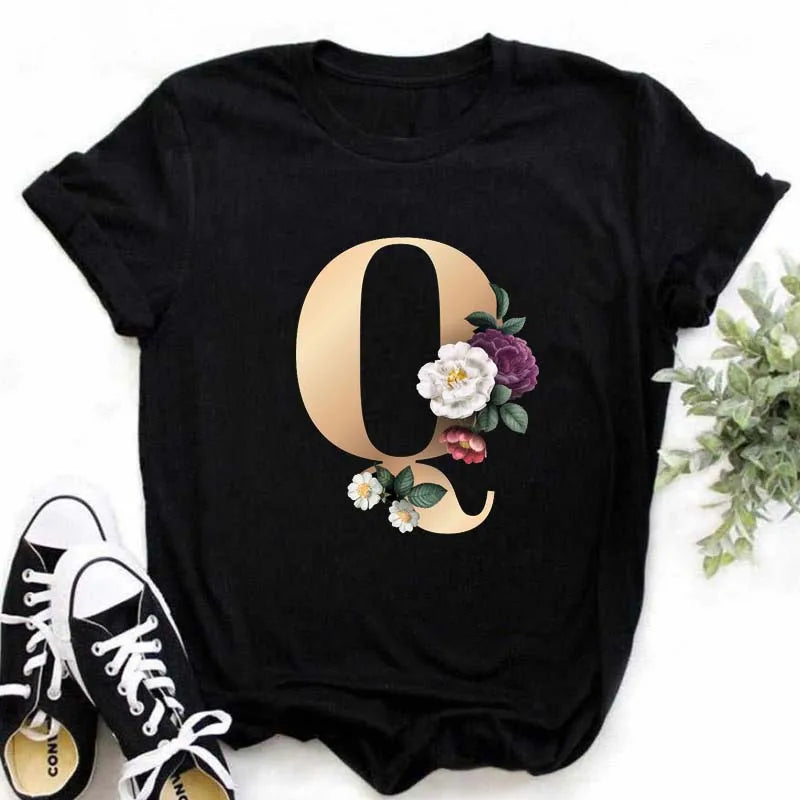 A B C D E English Alphabet Print T Shirt Women New Summer Couples Lovers Female T-Shirt Harajuku Casual Black Tops Tshirts luxecrown.co.uk