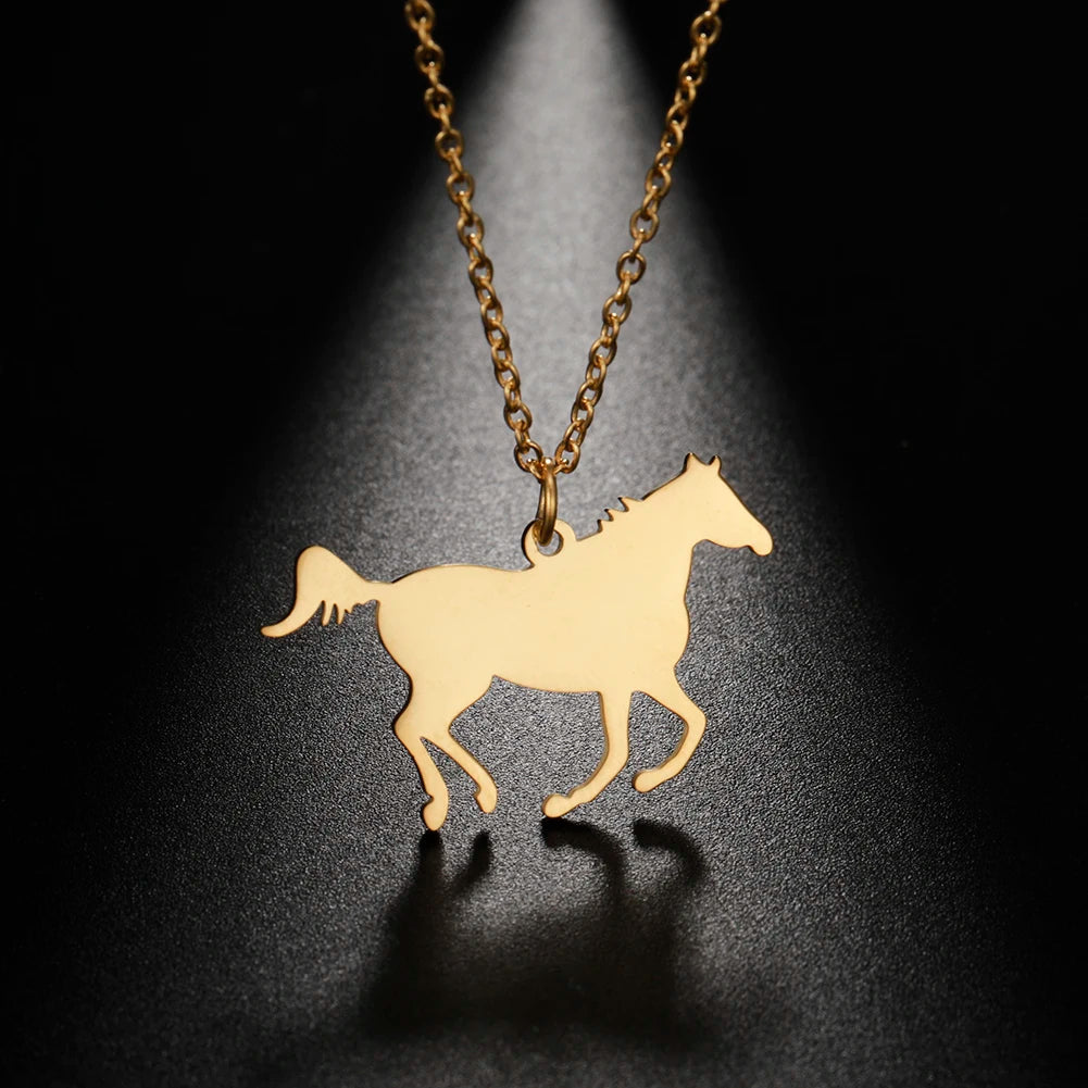 Skyrim Fashion Cute Animal Horse Pendant Necklace for Women Girls Stainless Steel Gold Color Chain Necklaces Gifts Wholesale Streetsharks