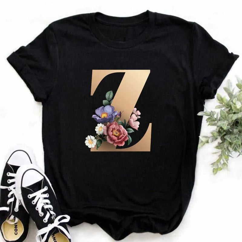 A B C D E English Alphabet Print T Shirt Women New Summer Couples Lovers Female T-Shirt Harajuku Casual Black Tops Tshirts luxecrown.co.uk