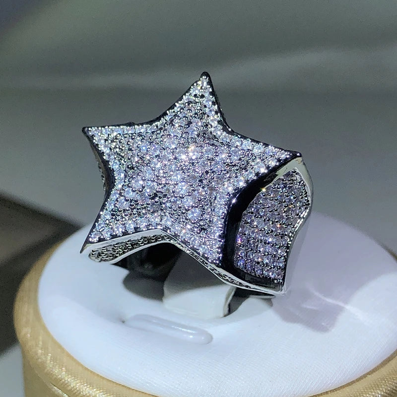 925 Silver High Quality Hip Hop Big Five Star Ring For Women Pave Setting Zircon Ring Party Cookic Jewelry Gift Streetsharks