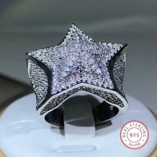 925 Silver High Quality Hip Hop Big Five Star Ring For Women Pave Setting Zircon Ring Party Cookic Jewelry Gift Streetsharks