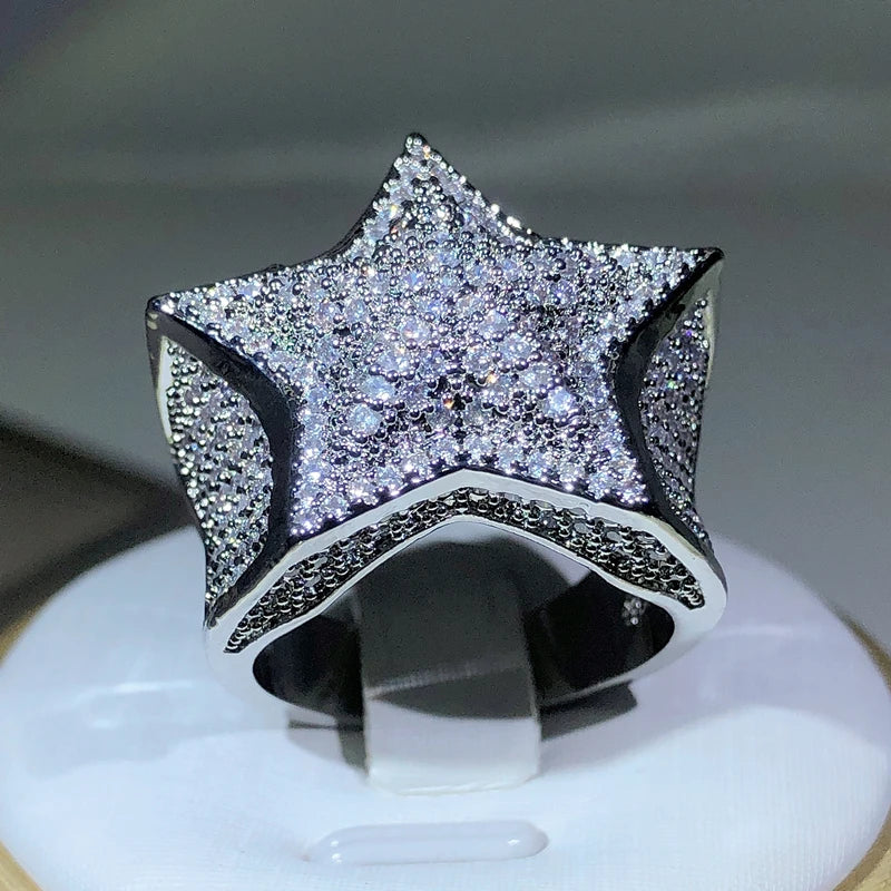 925 Silver High Quality Hip Hop Big Five Star Ring For Women Pave Setting Zircon Ring Party Cookic Jewelry Gift Streetsharks