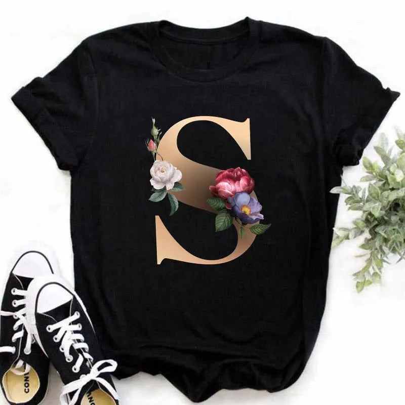 A B C D E English Alphabet Print T Shirt Women New Summer Couples Lovers Female T-Shirt Harajuku Casual Black Tops Tshirts luxecrown.co.uk