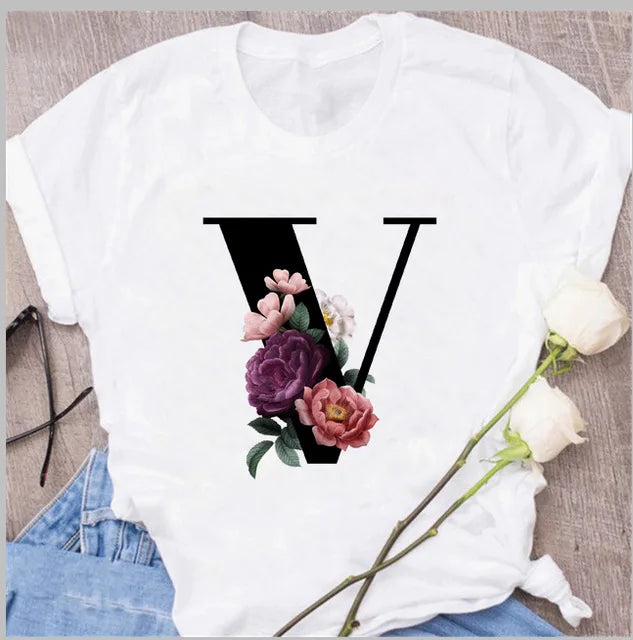 A B C D E English Alphabet Print T Shirt Women New Summer Couples Lovers Female T-Shirt Harajuku Casual Black Tops Tshirts luxecrown.co.uk