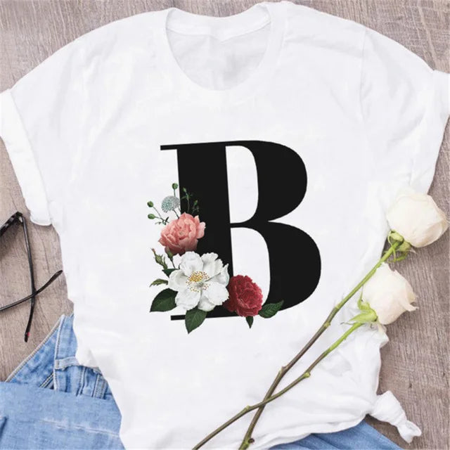 A B C D E English Alphabet Print T Shirt Women New Summer Couples Lovers Female T-Shirt Harajuku Casual Black Tops Tshirts luxecrown.co.uk