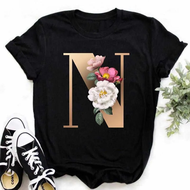 A B C D E English Alphabet Print T Shirt Women New Summer Couples Lovers Female T-Shirt Harajuku Casual Black Tops Tshirts luxecrown.co.uk
