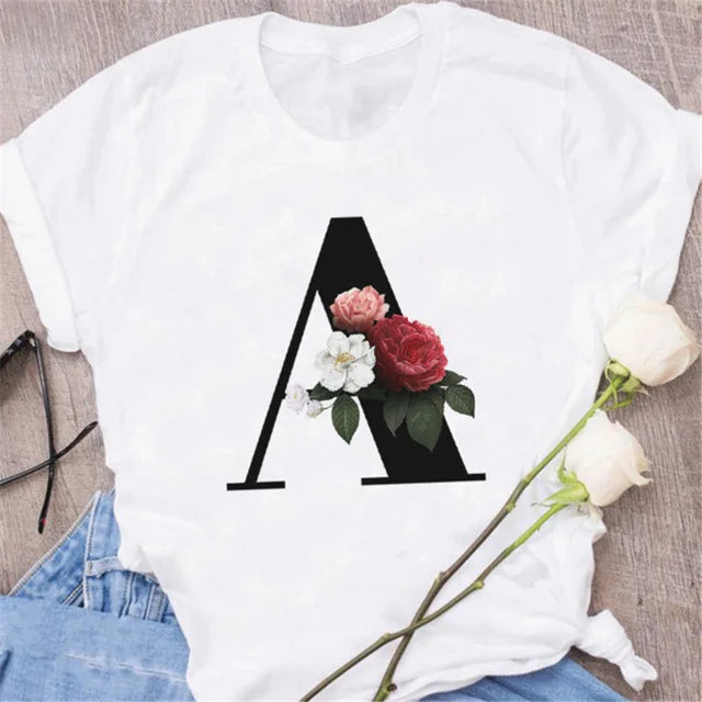 A B C D E English Alphabet Print T Shirt Women New Summer Couples Lovers Female T-Shirt Harajuku Casual Black Tops Tshirts luxecrown.co.uk