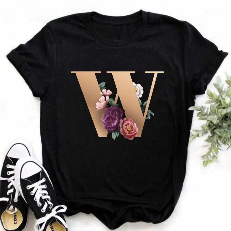 A B C D E English Alphabet Print T Shirt Women New Summer Couples Lovers Female T-Shirt Harajuku Casual Black Tops Tshirts luxecrown.co.uk
