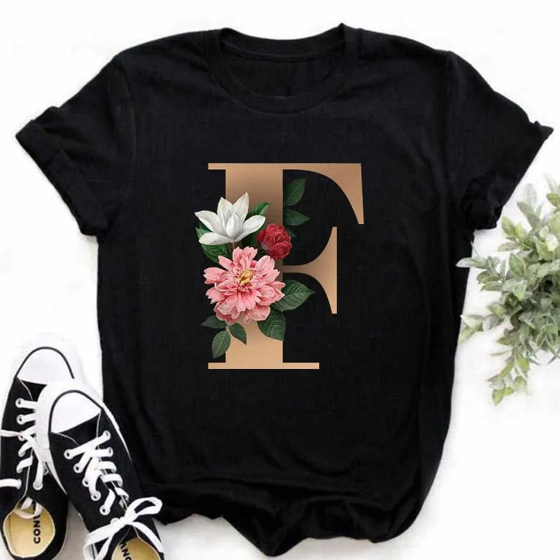 A B C D E English Alphabet Print T Shirt Women New Summer Couples Lovers Female T-Shirt Harajuku Casual Black Tops Tshirts luxecrown.co.uk