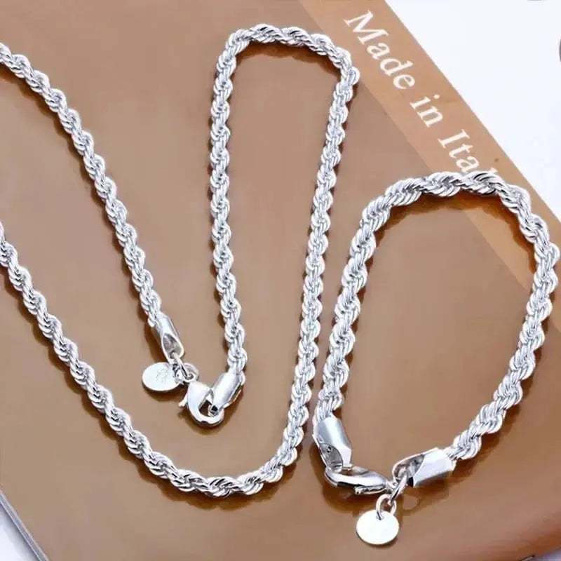 High Quality Silver Color 2MM Women Girls Men Chain Male Twisted Rope Necklace Bracelets Fashion Silver Jewelry Set Streetsharks