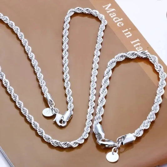 High Quality Silver Color 2MM Women Girls Men Chain Male Twisted Rope Necklace Bracelets Fashion Silver Jewelry Set Streetsharks