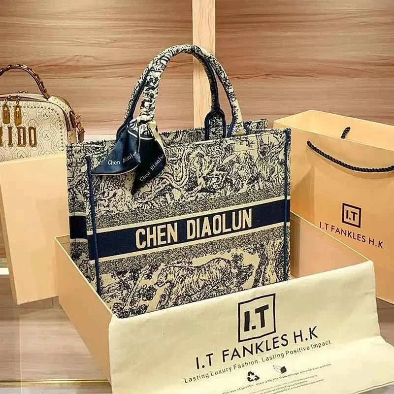 Hong Kong Embroidery Portable Tote Bag New Spring and Summer Large Capacity Premium Commuter Bag