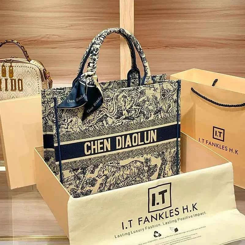 Hong Kong Embroidery Portable Tote Bag New Spring and Summer Large Capacity Premium Commuter Bag