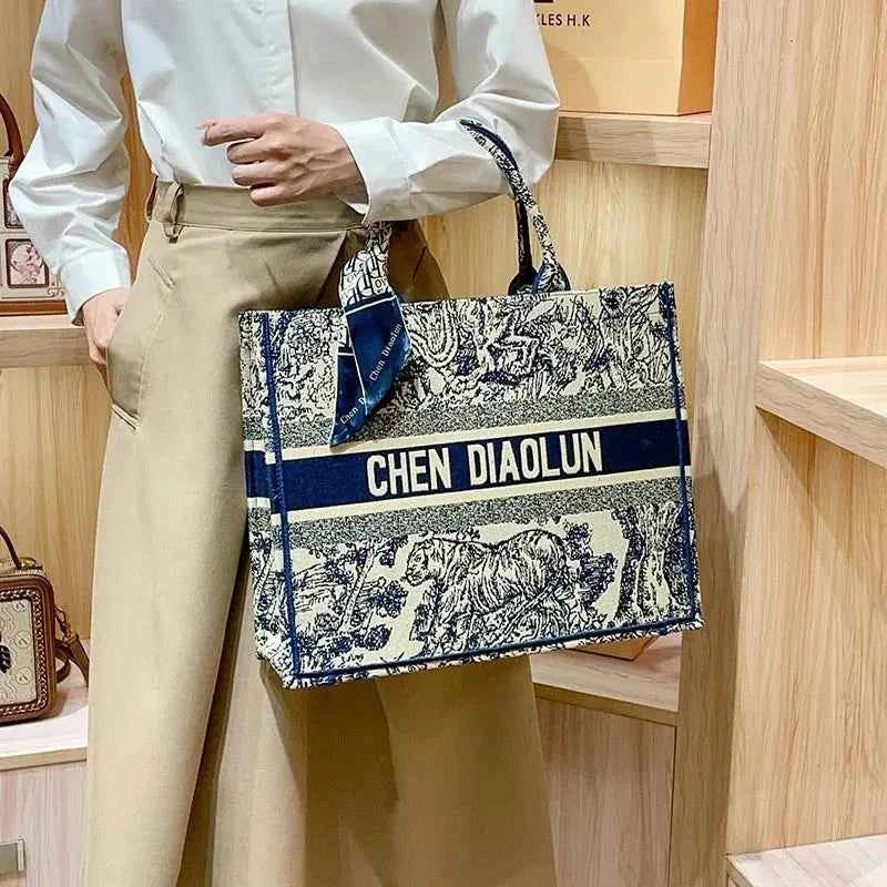 Hong Kong Embroidery Portable Tote Bag New Spring and Summer Large Capacity Premium Commuter Bag